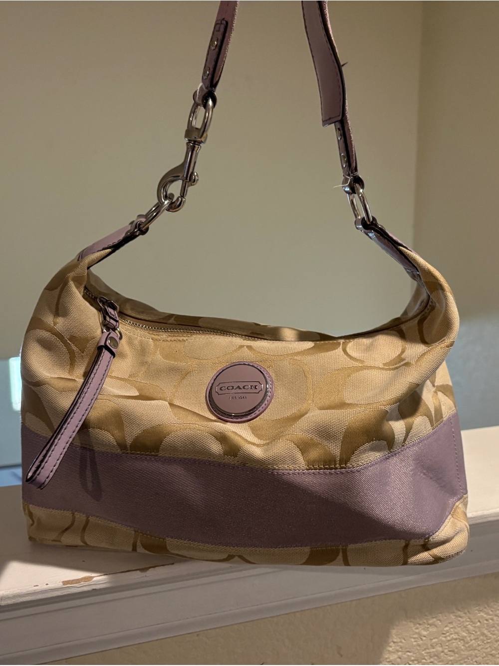 Coach Gold Jacquard Shoulder Bag with Lavender Trim and Strap